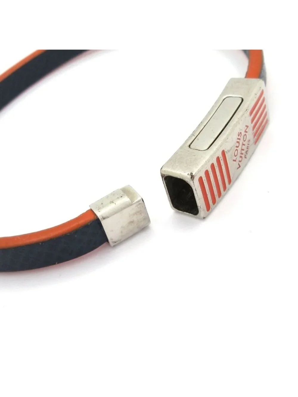 Louis Vuitton Bracelet Edge It Leather Navy Orange Silver